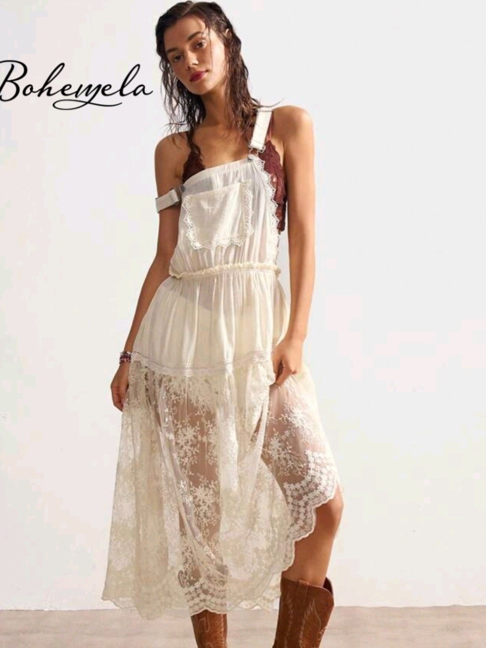 Boheme Cream Sheer Lace Maxi Dress with Brown Accents